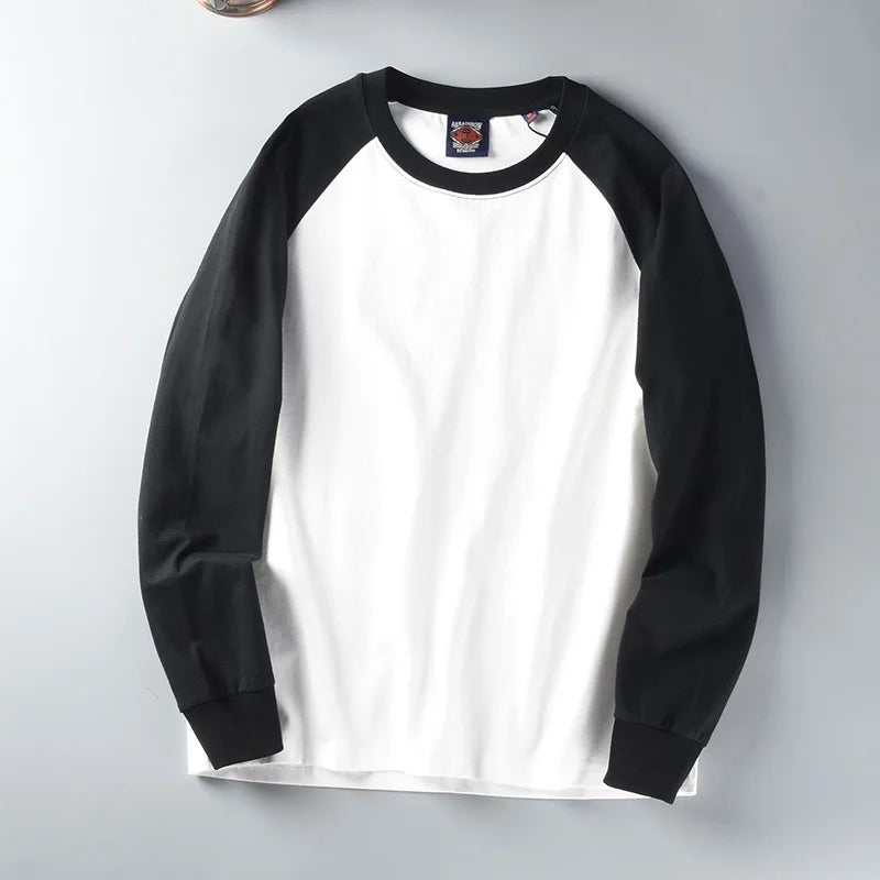 Autumn New American Retro Long Sleeve O-neck Contrast Splicing T-shirt Men's Fashion 100% Cotton Washed Old Casual Sport Tops