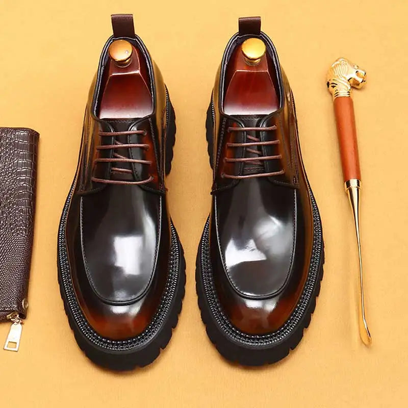 Designer Men's Leather Shoes With Thick Soles Round Toe Glossy Leather Business Dress and Waxed Cowhide Lace-Up British Shoes