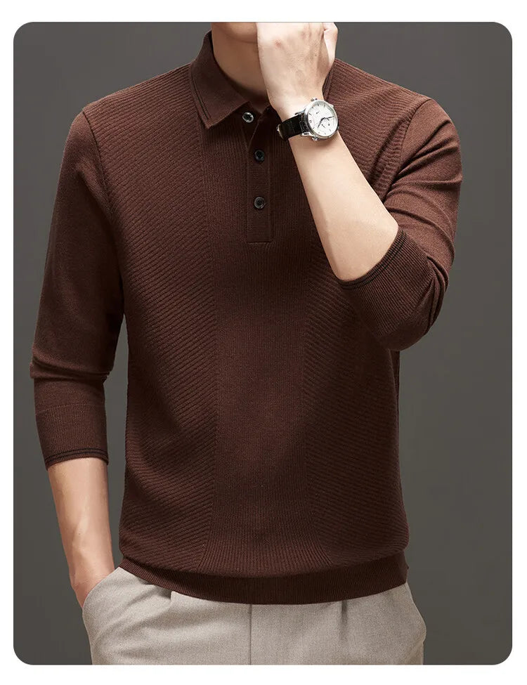 Men's Solid Colour Business Casual Polo Shirt, Suitable For Daily Commute, Pullover Sweater, Warm Knitted Long-Sleeved Cardigan