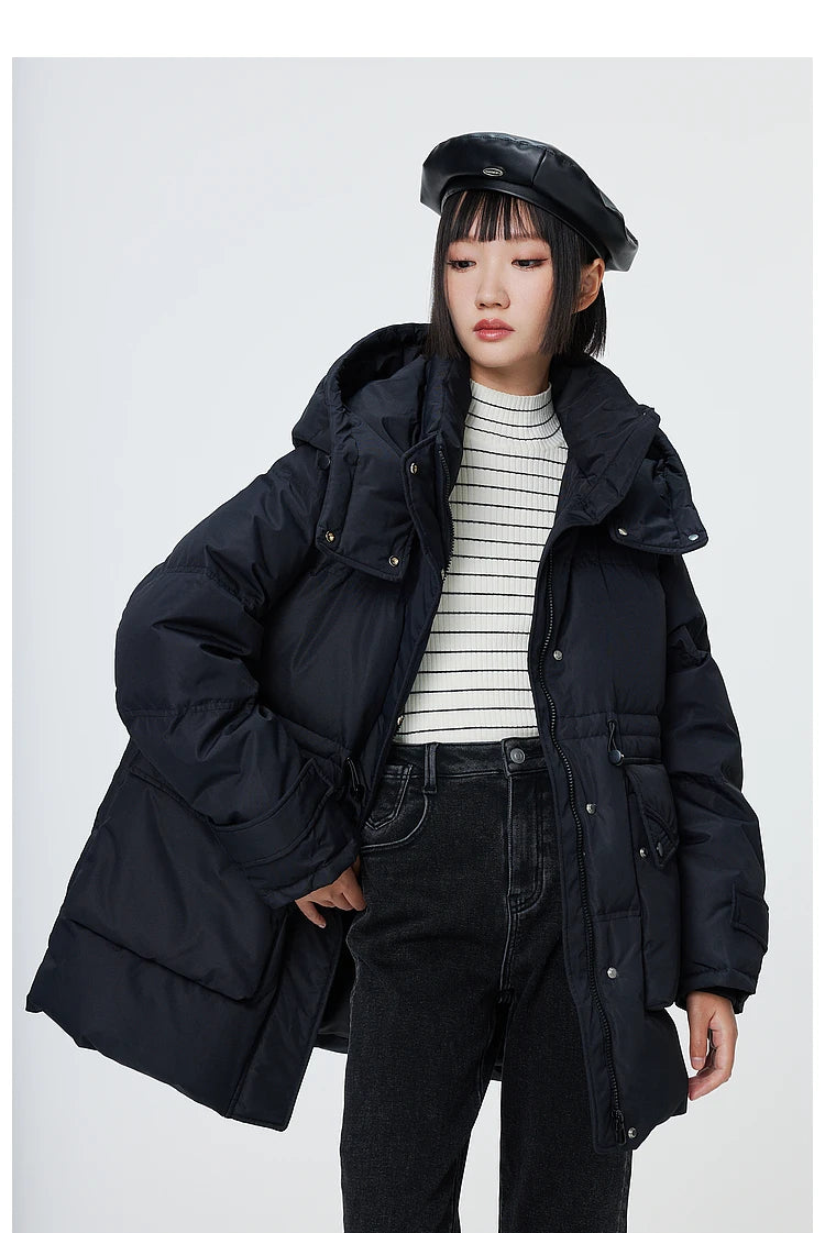 Women's Winter Warm Oversized Long Hooded Down Jacket, Adjustable Pig Nose, Buckle Waist Belt Utility Duck Down Parka For Ladies