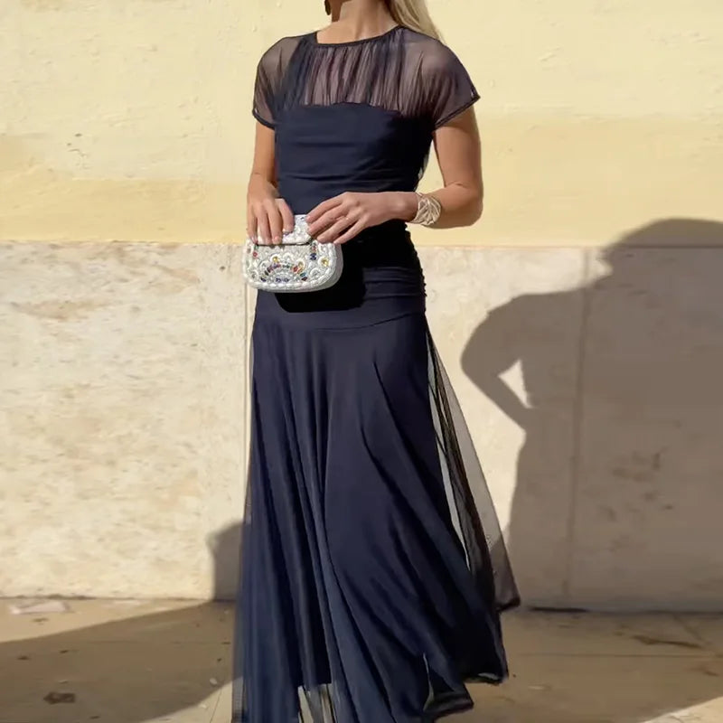 Women Summer Round Neck Loungewear Dress, See Through Solid Mesh Patchwork Elegant Maxi Dress, Short Sleeve Casual Ladies Dress