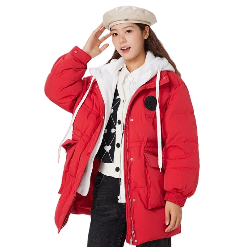 Women's Faux Two-Piece Mid-Length Puffer Jacket With Cosy Polar Fleece Lining, Hooded Warmth Loose Duck Down Coats For Ladies