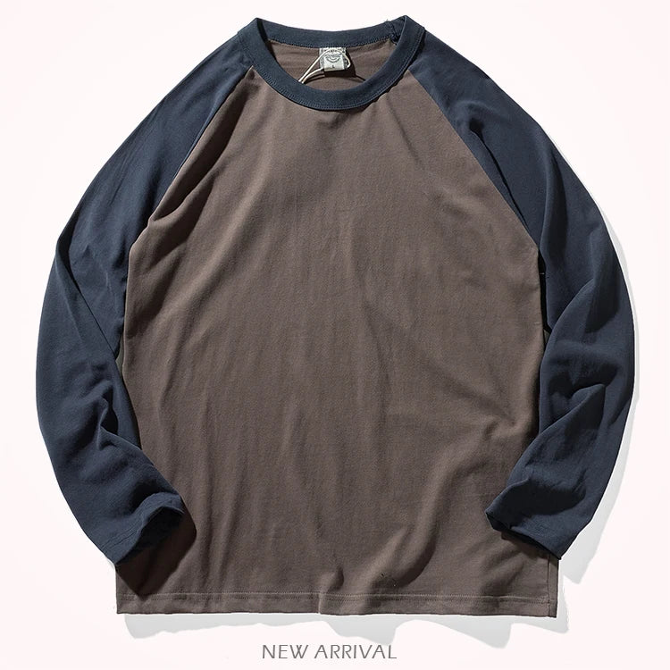 Autumn New American Retro Long Sleeve O-neck Contrast Splicing T-shirt Men's Fashion 100% Cotton Washed Old Casual Sport Tops