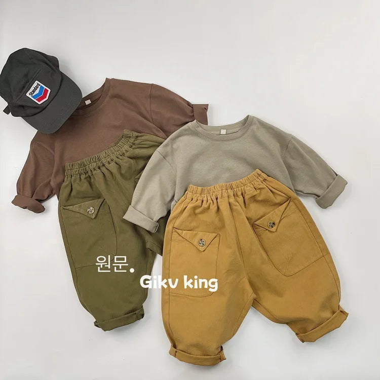 2025 Herfst Nieuwe Kinderen Losse Broeken Baby Meisjes Effen Vintage Casual Broek Peuter Jongens Veelzijdige Cargo Broek Kinderkleding 4-6Y Unisex