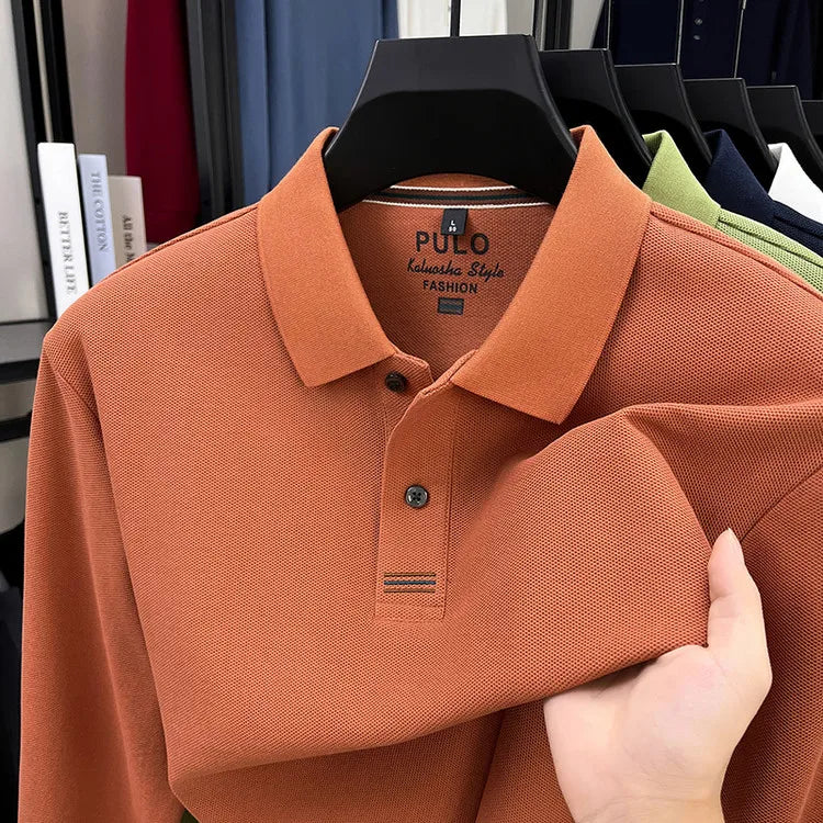 Men's Autumn 100% Breathable Cotton, Long-Sleeve Polo Shirt - Classic Cotton Collared T-Shirt With Business Casual Design