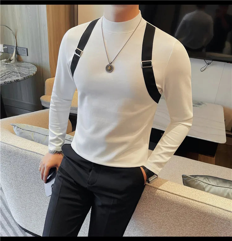 Men's Strap Long-Sleeved T-shirt For Autumn and Winter, Slim Fit Half Turtleneck Bottoming Shirt, Fashion City Knitwear