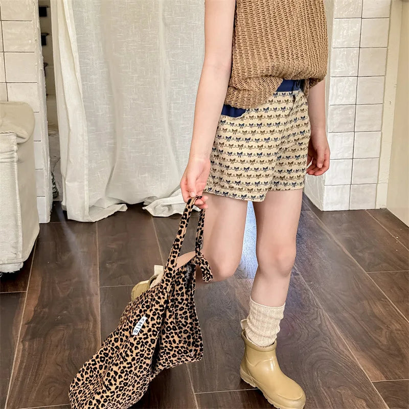 2025 Zomer Nieuwe Baby Meisjes Strik Print Shorts Katoenen Kinderen Losse Shorts Kinderen Veelzijdige Casual Broek Ademende Peuterkleding 4-6Y