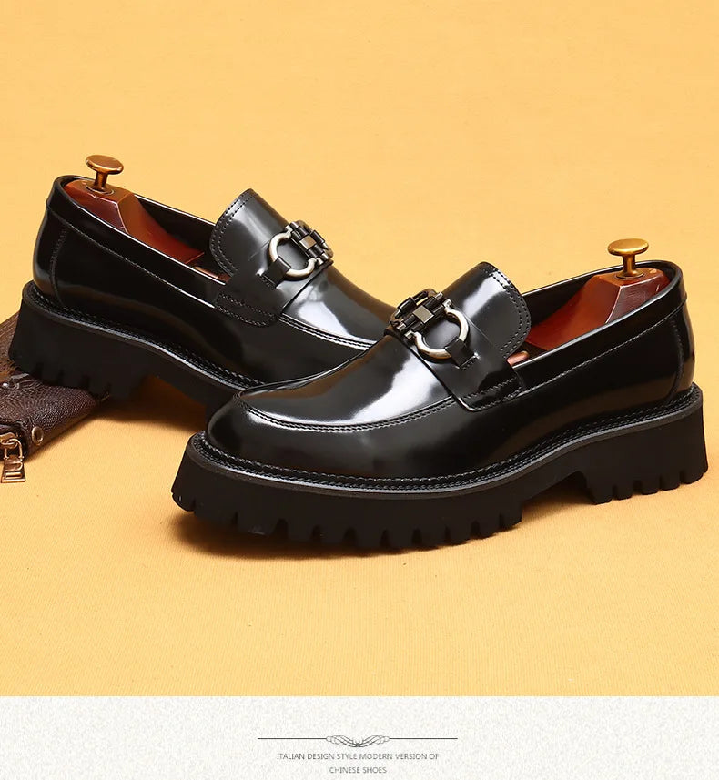 Cow Leather British Loafers Men Glossy Leather Business Casual Heightening Shoes - Non-Slip Tire Soles Dress and Round Toe Shoes