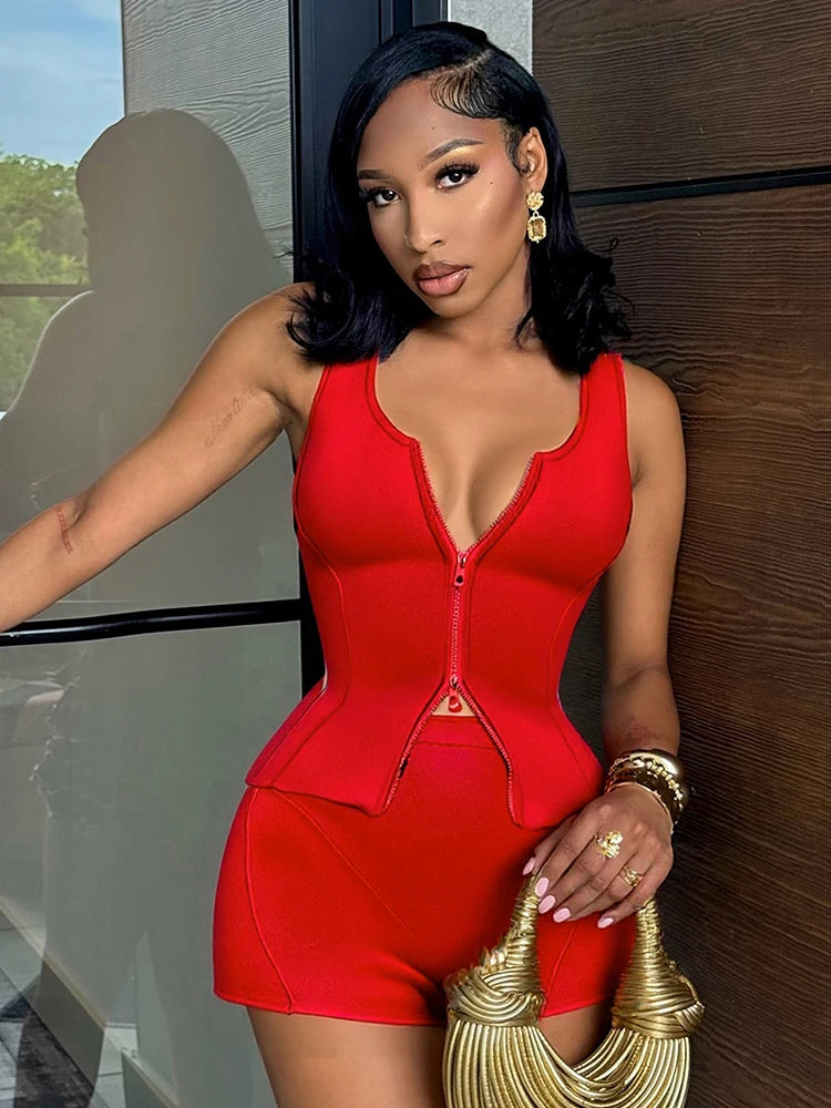 Casual Women 2 Piece Set Stretch Double Zip Tank Tops + Shorts Matching Patchwork Simple Basic Streetwear Tracksuit