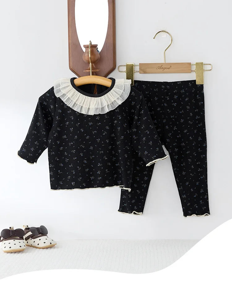 Children's New Spring Baby Pajamas Set Toddler Cute Floral Night-Clothes Girls Boys Lace Collar Home Wear 1-3Y Unisex