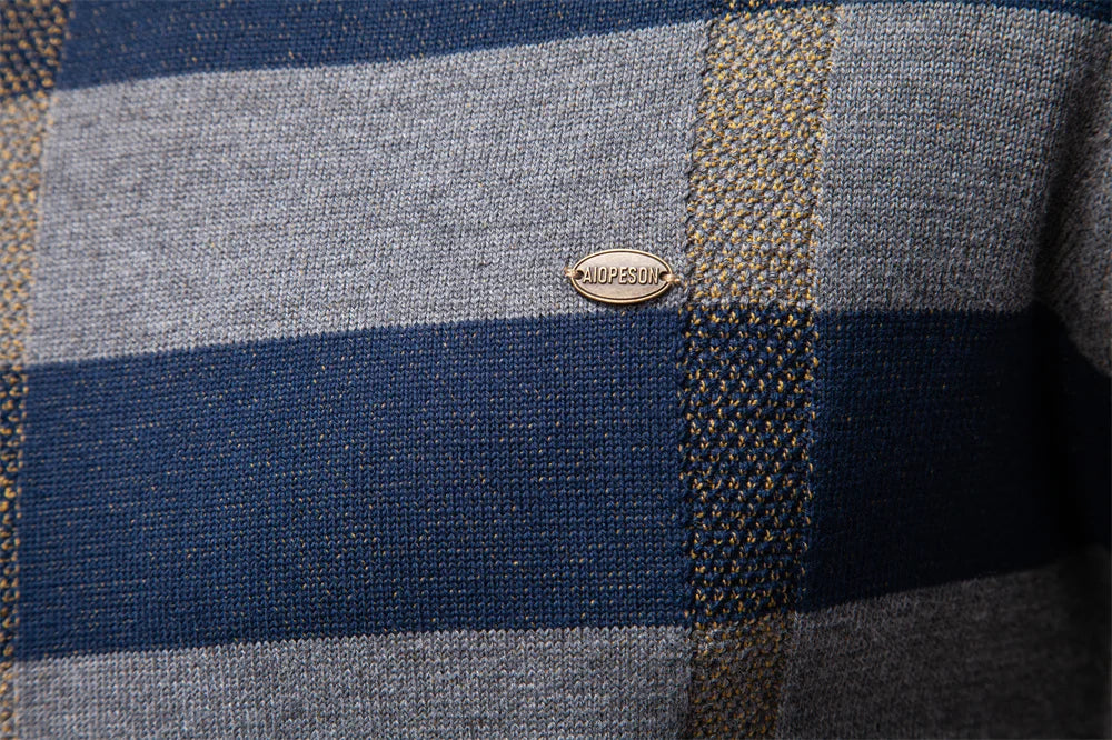 Men's Contrast Colour Sweater Striped Crewneck Pullover Warm Knitted Cotton Blend Luxury Winter Male Sweater