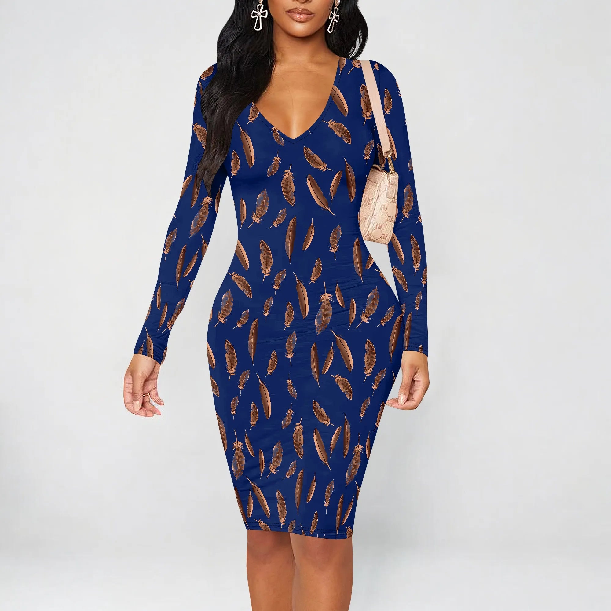 Womens Bodycon White Dark Blue line Flower Print Round Neck Ruffle Ruched Party Knee Length Pencil Dress