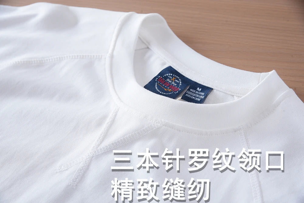 2025 Summer New American Retro 280G Short Sleeve O-neck Solid Color T-shirt Men's Fashion 100% Cotton Washed Casual Loose Tops