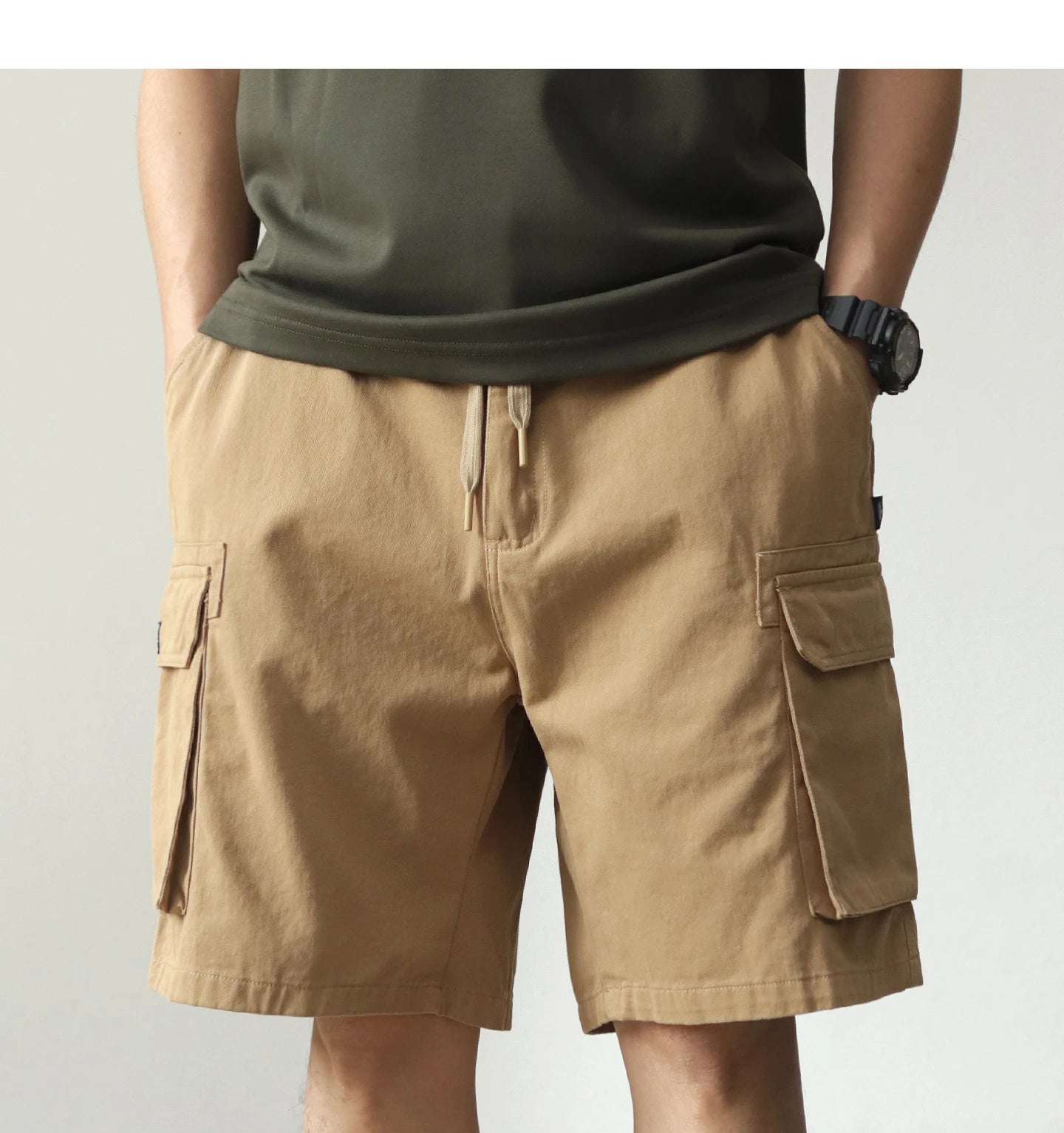 2025 Zomer Nieuwe Amerikaanse Retro Geweven Cargo Shorts Heren 100% Katoen Elastische Taille Trekkoord Casual Losse Rechte 5-punts Broek