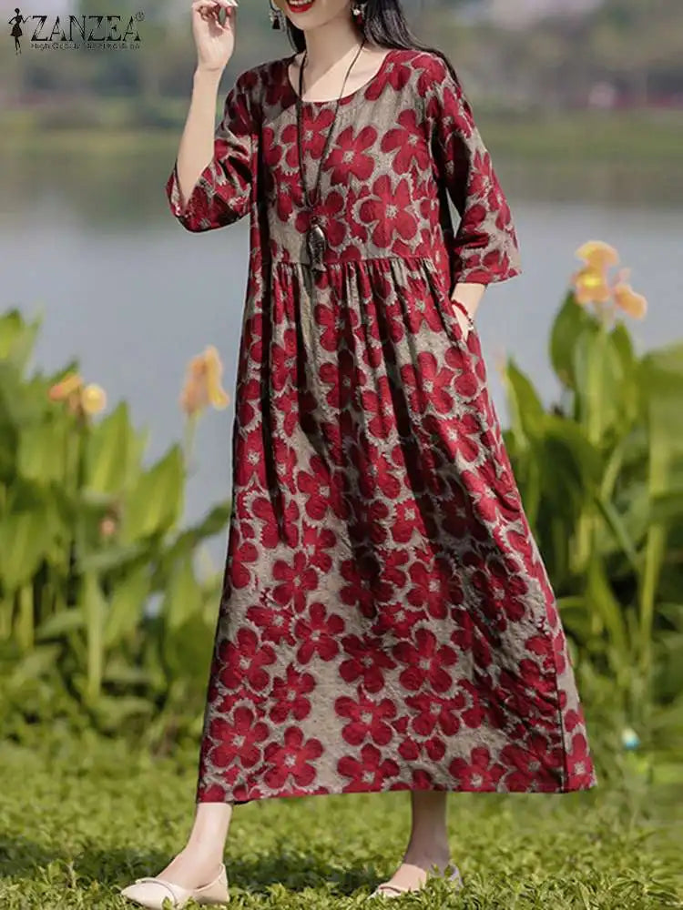 Bohemian Floral Printed Dress Autumn Long Sleeve O-Neck Maxi Robe Woman Casual Holiday Sundress Elegant Party Vestidos
