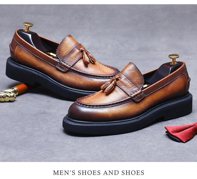 Soft Leather Elegant Men's Dress Loafers Shoes Luxury Genuine Leather Tassel Thick Soled Wedding Social Formal Shoes