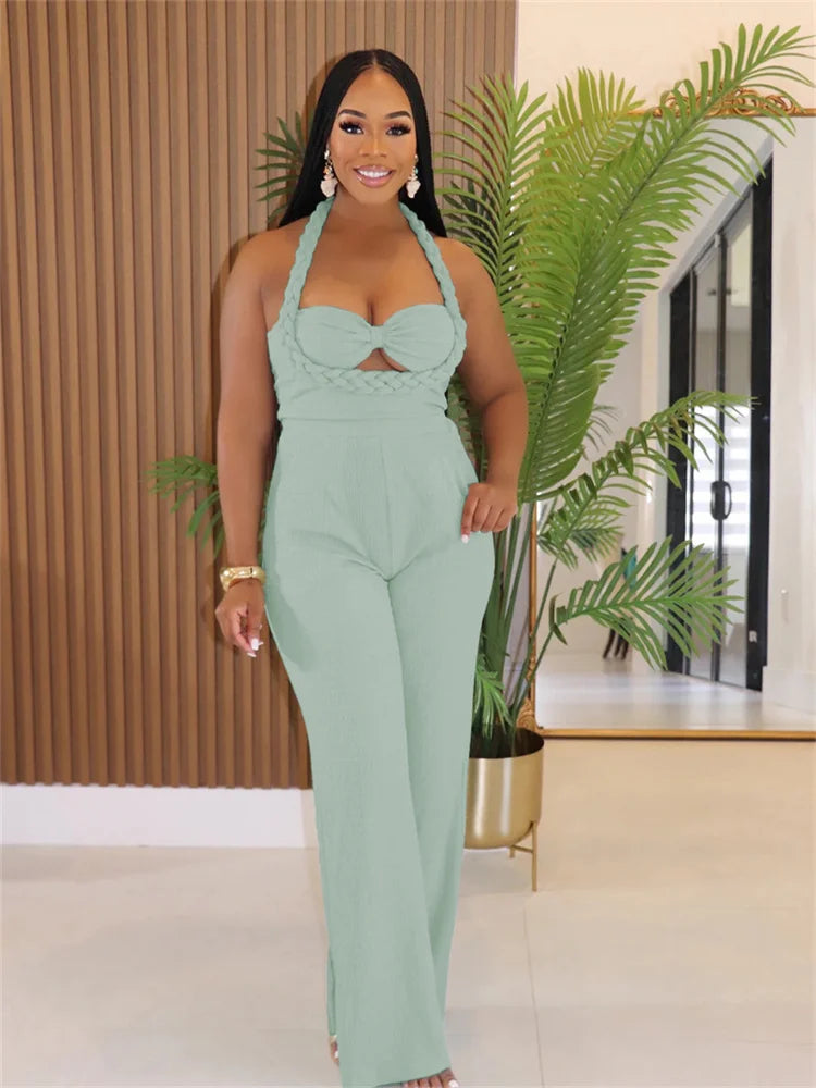 Women Fashion Straight Jumpsuit Summer Trend Twist Bandage Halter Ruched Hollow Backless Sleeveless Classic Outfits