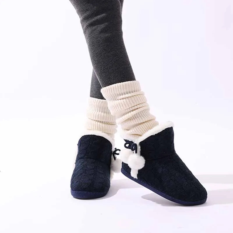 Women's Winter Warm Plush Boots Suitable For Outdoor and Indoor Use With Soft Sole Non-Slip Knit Furry Snow Shoes Cosy Cotton