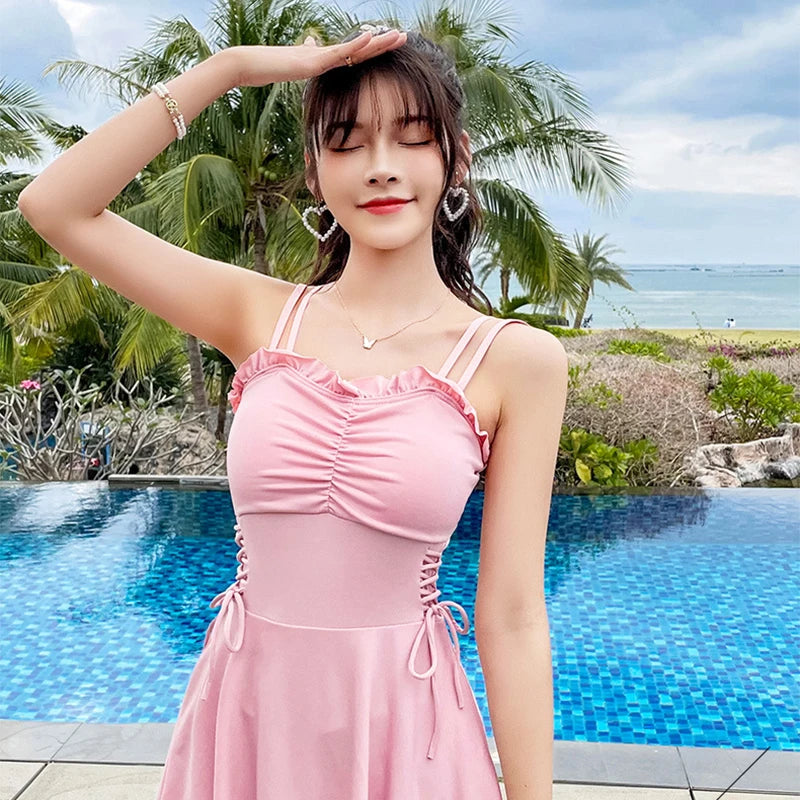 Sweet Cute Ruffle Women Swimwear Beach Holiday One-Piece Pleated Lace Up Swimsuit New Sexy Solid Slimming Hot Spring Swimsuit