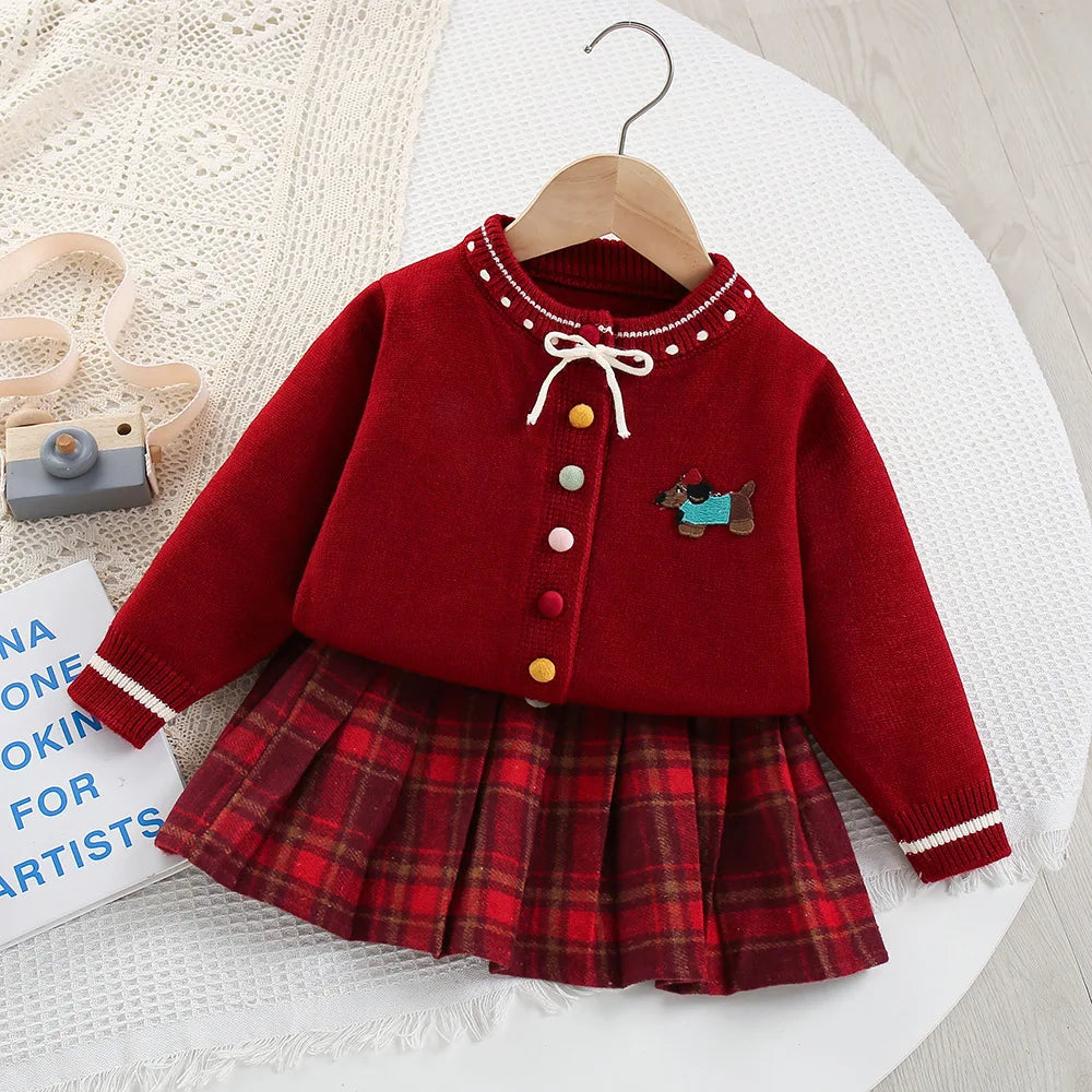 New Autumn Kids Sweater Set Cute Colourful Buttons Girls Knitted Shirt + Checked Skirt Children Sweet Thin Outfit 9M-5T Girls