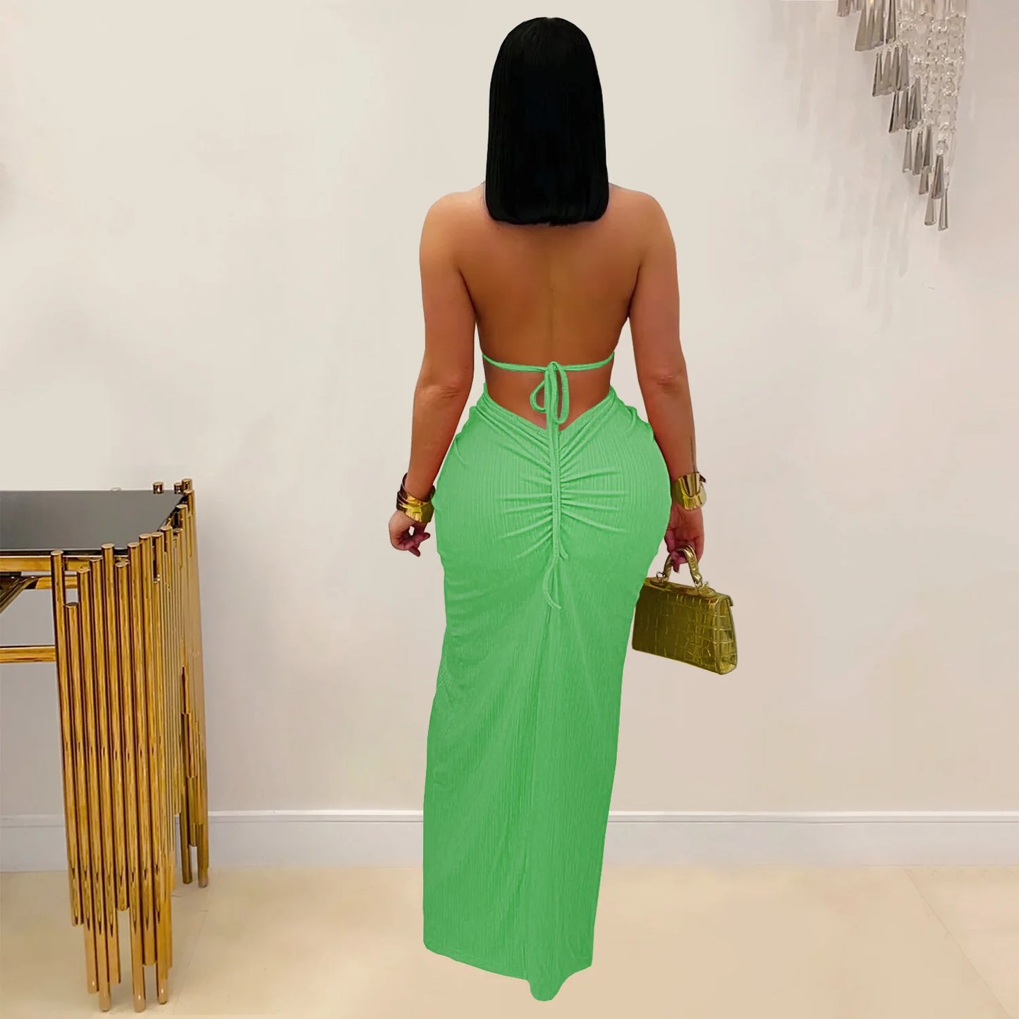 Bohemia Knitted Women Maxi Dress 2025 Summer Halter Lace Up Backless Split Sheath Vestidos Beach Vacation Robe