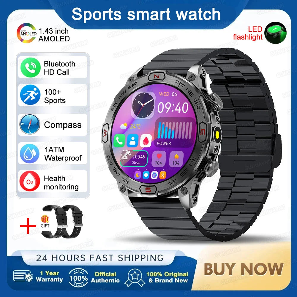 Outdoor Military Smart Watch Men Compass GPS Track Bluetooth Call IP68 Waterproof AMOLED Screen Smartwatch Compatible with Android IOS