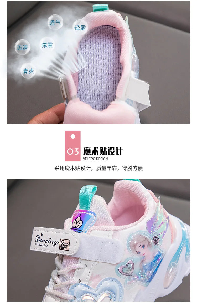 Girls' Casual Shoes Frozen Princess Elsa Sneakers Mesh Leather White Breathable Sole Children's Sport Shoes Size 26-37