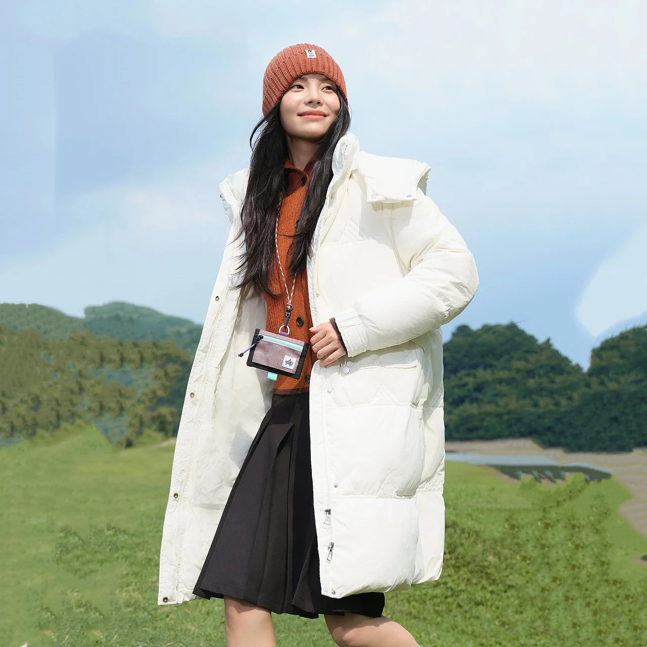 Women's Stand Collar Hooded Long Down Jacket, Waist Adjustable Belted Solid Colour, Thick Puffer Coat Fashionable Korean Style For Ladies