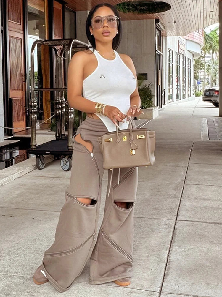 Zip Hollow Pants Street Fashion Trend Casual Sportief Effen Chic Devise Onregelmatig Basic Hipster Wijde Broeken Voor Vrouwen