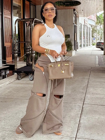 Zip Hollow Pants Street Fashion Trend Casual Sportief Effen Chic Devise Onregelmatig Basic Hipster Wijde Broeken Voor Vrouwen