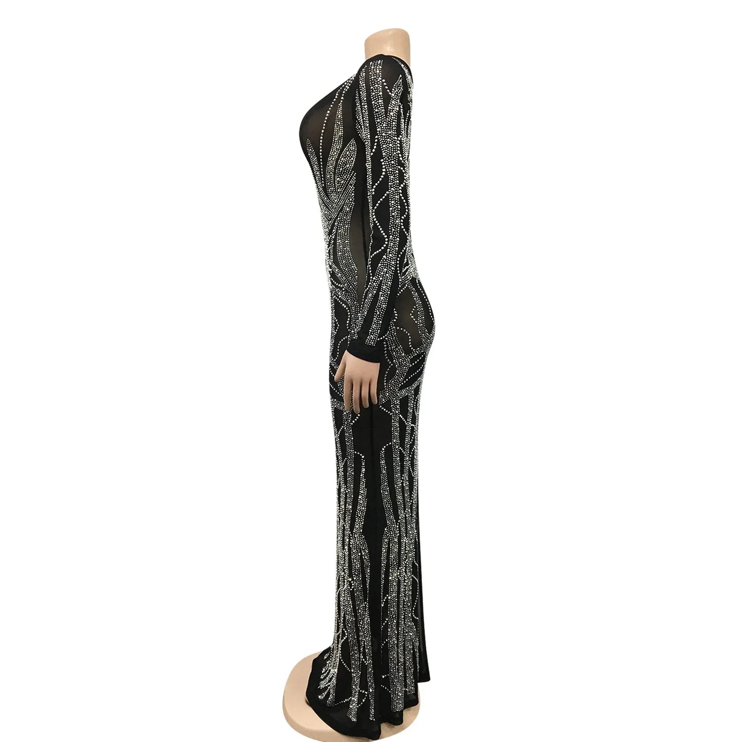 Sexy Rhinestone Sheer Mesh Long Sleeve Decor Party Dress