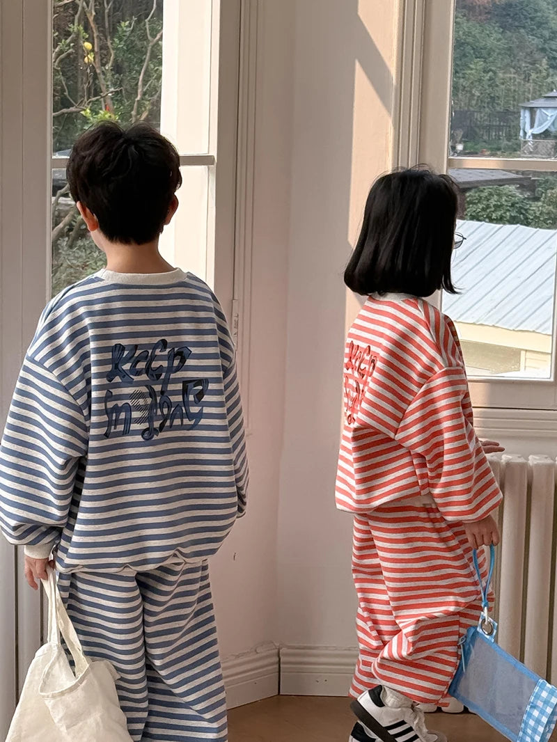 Spring Children's Clothes Boys' Tracksuit Kid's O-Neck Hoodie Set Girls' Korea Striped Letter Printed Sweatshirt 2Pcs Suit 4-6Y Unisex