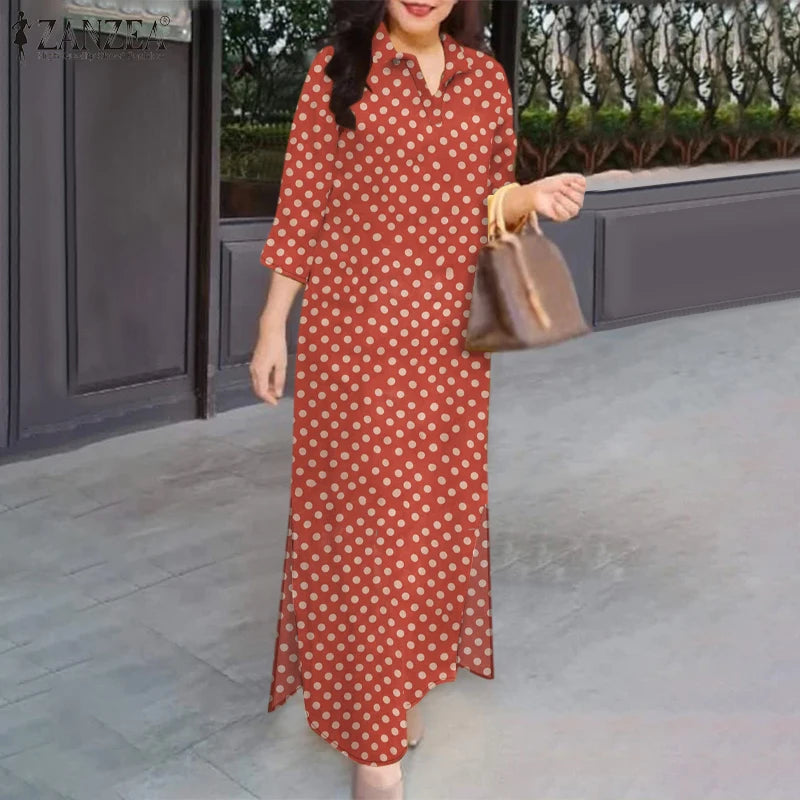 Polka Dot Vintage Shirtdress Women 2025 Autumn Loose Casual 3/4 Sleeve Turn-down Collar Vestidos Holiday Maxi Dress