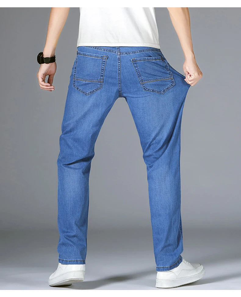 2025 Dunne of dikke stoffen kantoor- en zakenjeans voor heren, klassiek blauw, zwart, katoenen stretch, rechte denimbroek, herenmerkbroeken