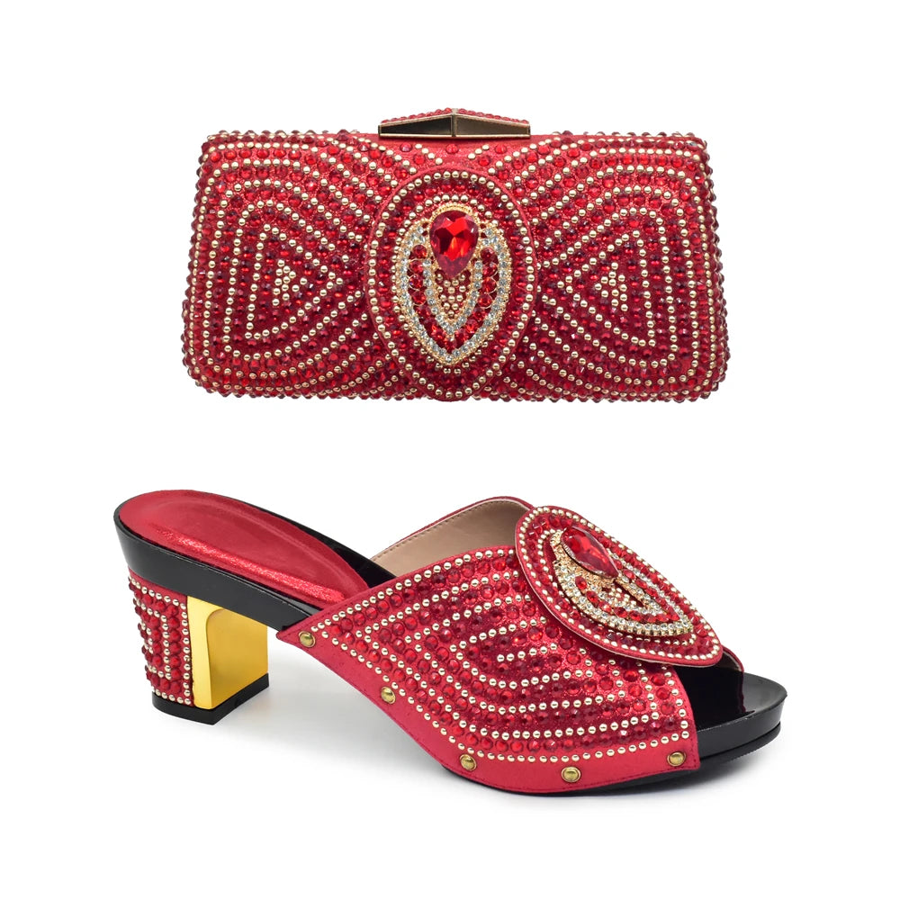 Italian Shoes with Matching Bags with Rhinestone Luxury Crystal Shoe Women Designers Nigerian Women Party Pumps with Purse