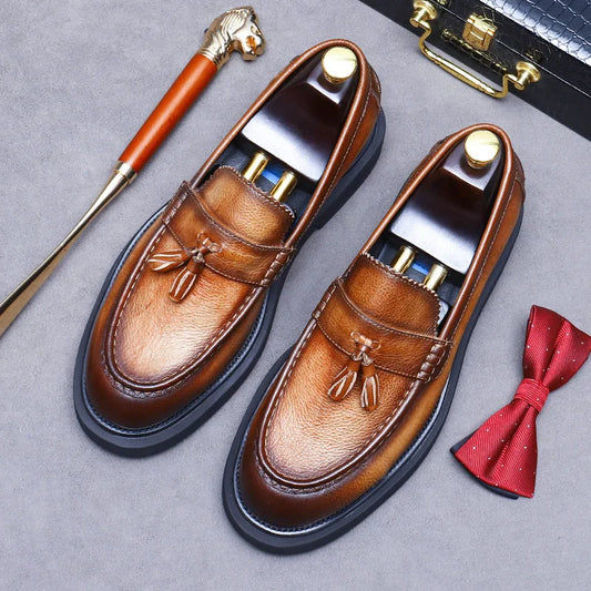 YETTIES Soft Leather Elegant Mens Dress Loafers Shoes Luxury Genuine Leather Tassel Thick Soled Wedding Social Formal Shoes