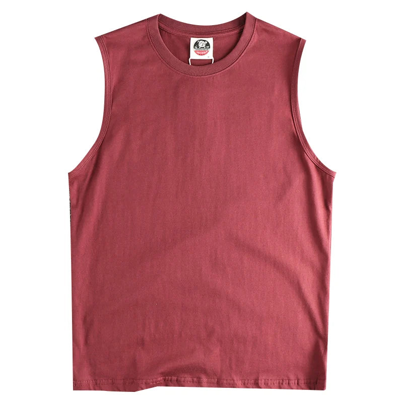 2025 Summer New American Retro Sleeveless O-neck Solid Color T-shirt Men's Fashion 100% Cotton Basketball Sports Casual Vest