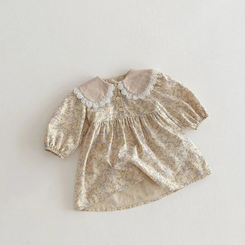 New Spring Girls Floral Dress Kids Cute Lace Doll Collar Princess Dress Children Sweet Flower Clothes For Kids 1-3Y Girls