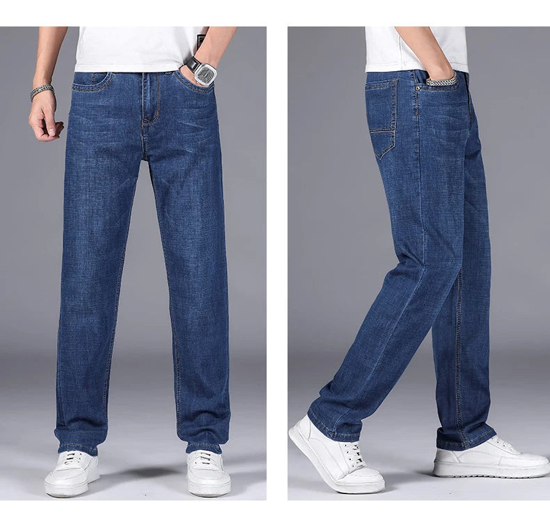 2025 Dunne of dikke stoffen kantoor- en zakenjeans voor heren, klassiek blauw, zwart, katoenen stretch, rechte denimbroek, herenmerkbroeken