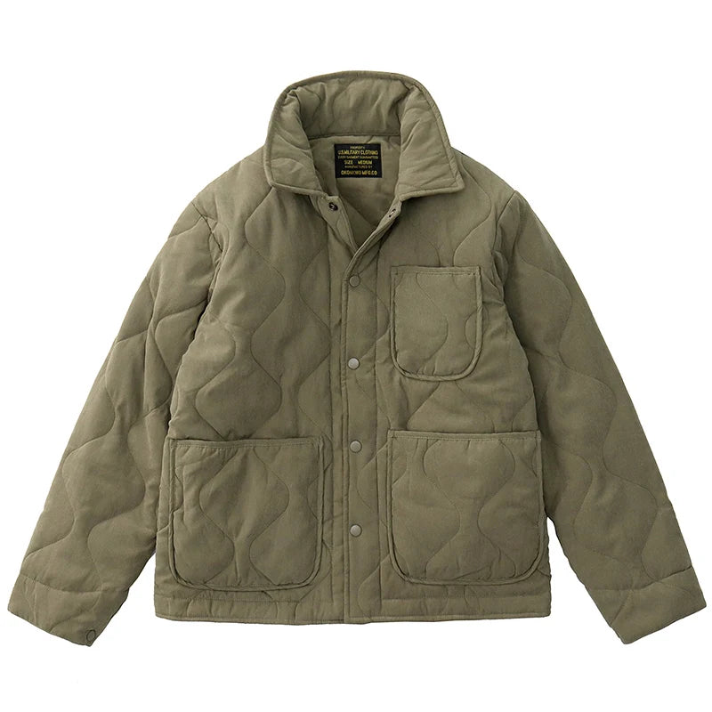 Winter New American Retro Langarm Revers Baumwolle gepolsterte Cargojacke Herren Einfacher dicker Innenliner Lässiger Mantel mit mehreren Taschen