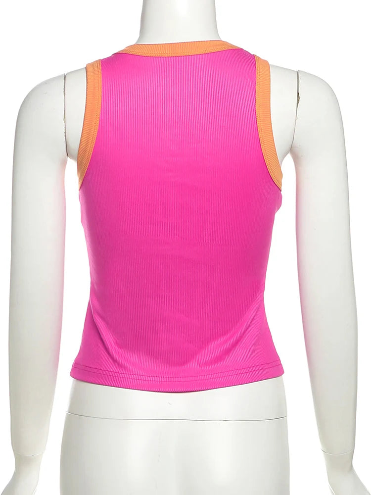 Number Print Vests  Summer Trend o-Neck Patchwork Skinny Stretch Street Daily Hottie Sporty Simple Classic Women Tops