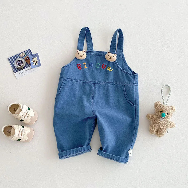 New Spring Kids Overall Children Cute Embroidered Letter Jeans Girls Boys Sweet Loose Casual Pants 0-5T Unisex