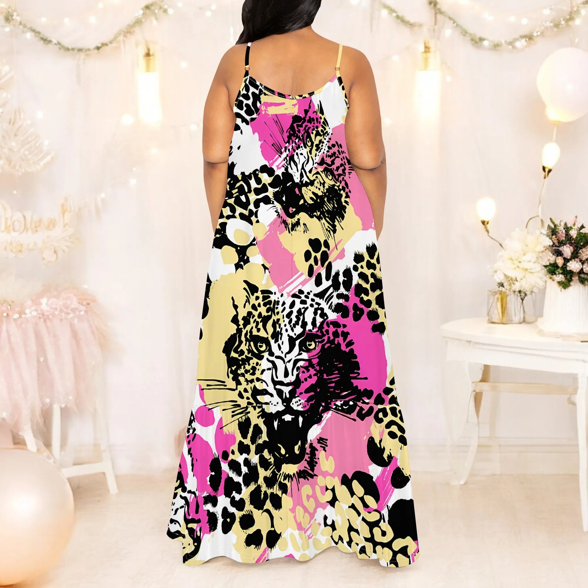Leopard Print Sleeveless Maxi Dress Women Bold Animal Pattern Spaghetti Strap Casual Summer Dress