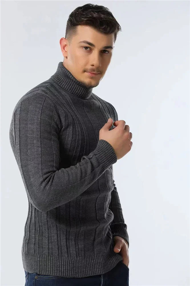 Men's Slim Fit Pullovers Turtleneck Casual Basic Solid Colour Warm Striped Sweater Male Winter Fashion Sweaters