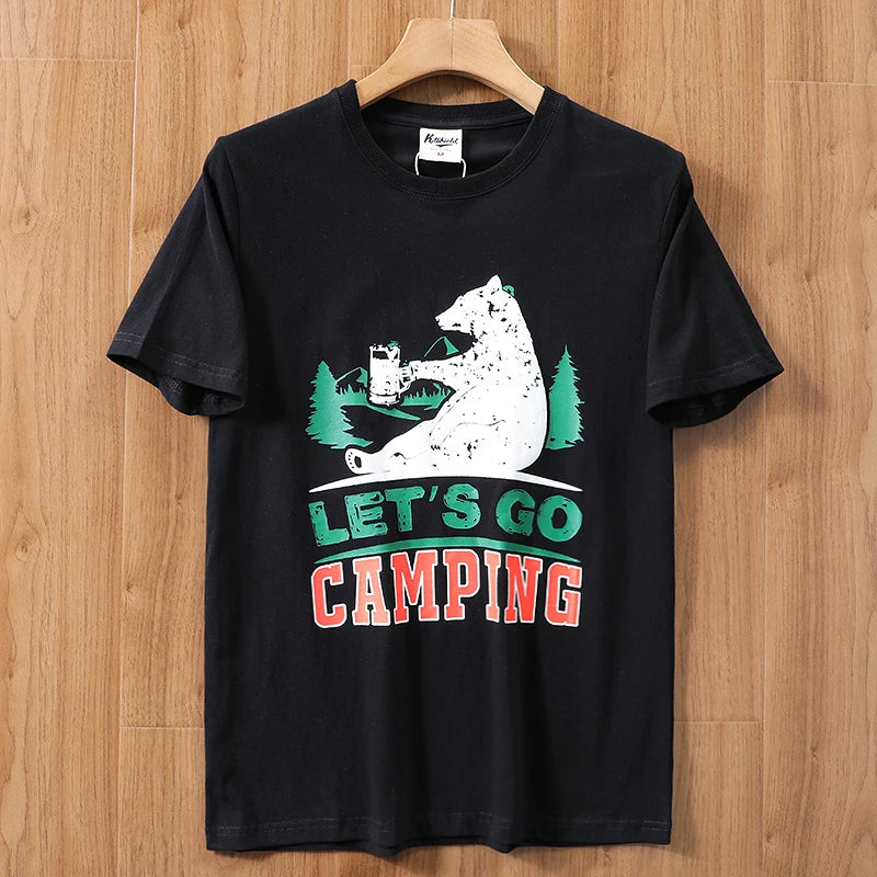 2025 Summer New American Retro 250g Short Sleeve O-neck Printed T-shirt Men's Fashion 100% Cotton Washed Casual Loose Tops