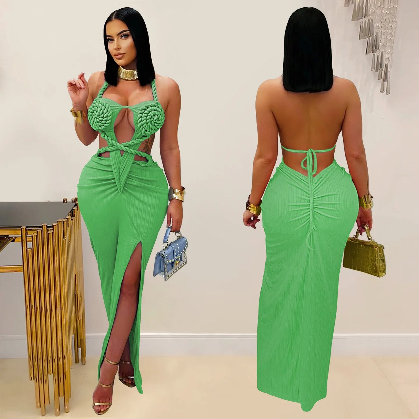Bohemia Knitted Women Maxi Dress 2025 Summer Halter Lace Up Backless Split Sheath Vestidos Beach Vacation Robe