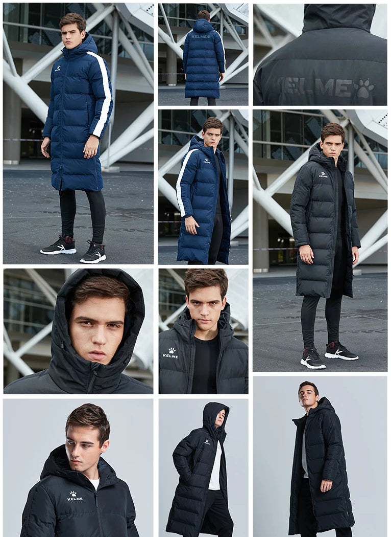 Men's Winter Jacket Long Sports Training Hooded Coat Outwear Warm Silk Cotton Windproof Cotton Clothing