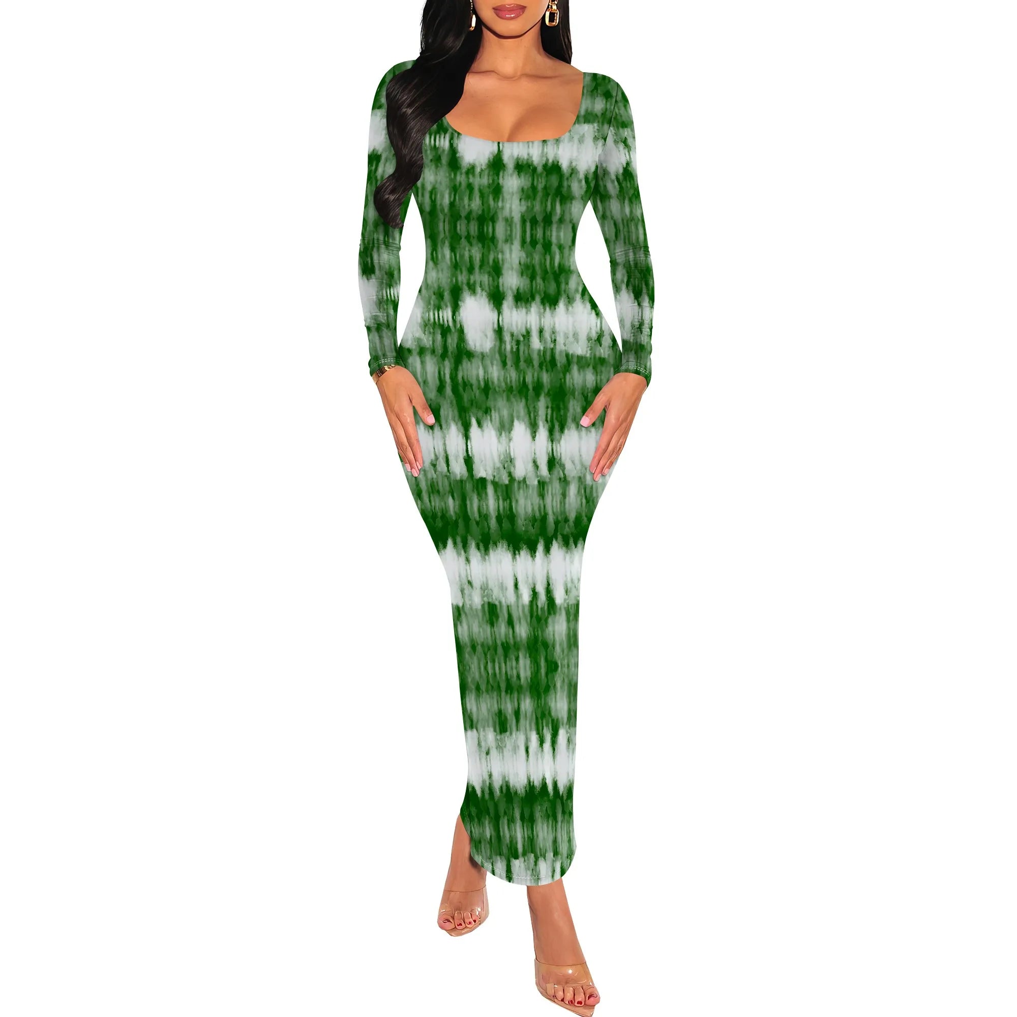 Women's Fall Trendy Dress Tie Dye Crew Neck Long Sleeve Bodycon Maxi Dress Casual Long Dresses