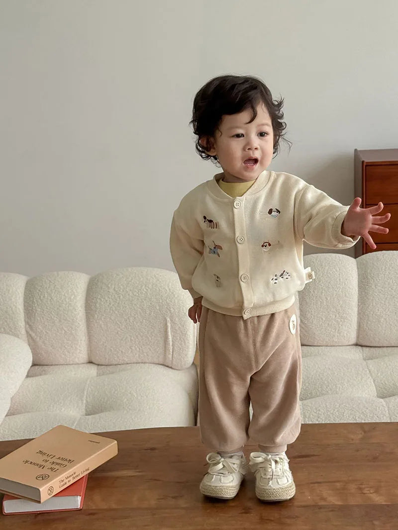 New Autumn Boys Girls Dog Baseball Uniform Cartoon Embroidered Pattern Kids Coat Fashion Children Clothes Pants 9M-5T Unisex