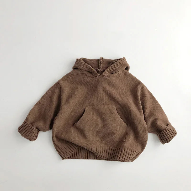 Front Pocket Fine Knit Children Boys Girl Sweaters Hoodie Knit Pullover Loose Style Girl Hooded Toddler Knitwear Coat 1-6Y Unisex